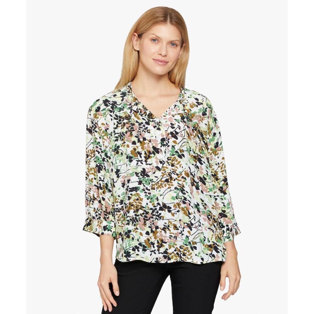 Masai Copenhagen Floral Puff Sleeve Delly Top Boho Women Leaf Print Green Medium